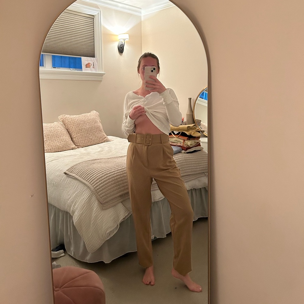 Zara high waisted tan trousers with belt, size S